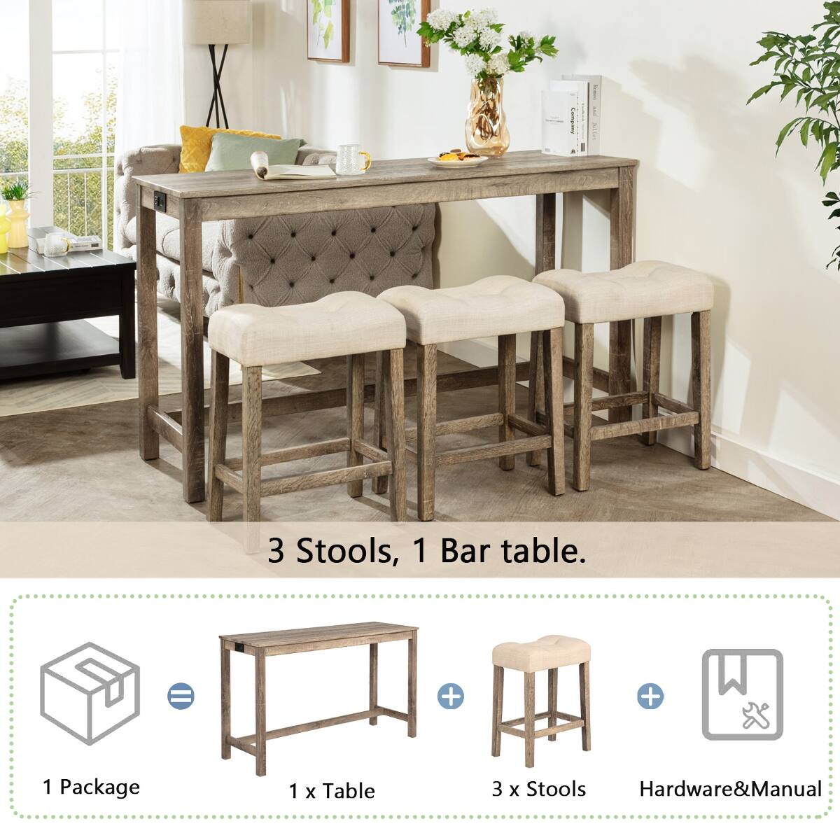 3 Stools, 1 Bar table.

1 Package
1 x Table
3 x Stools
Hardware & Manual
