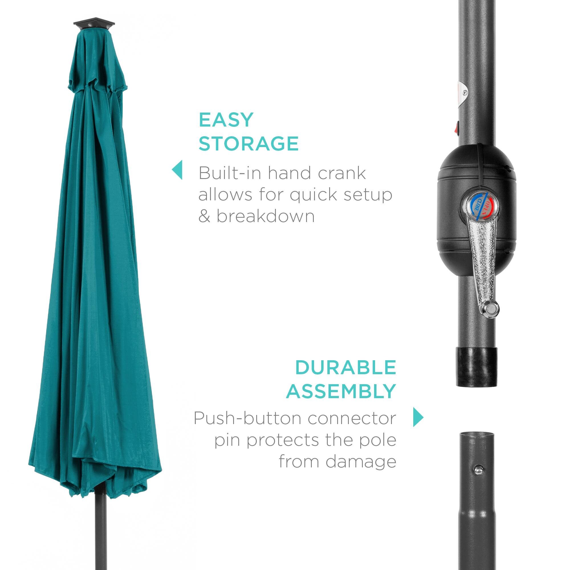 EASY STORAGE: Built-in hand crank allows for quick setup & breakdown.  
DURABLE ASSEMBLY: Push-button connector pin protects the pole from damage.