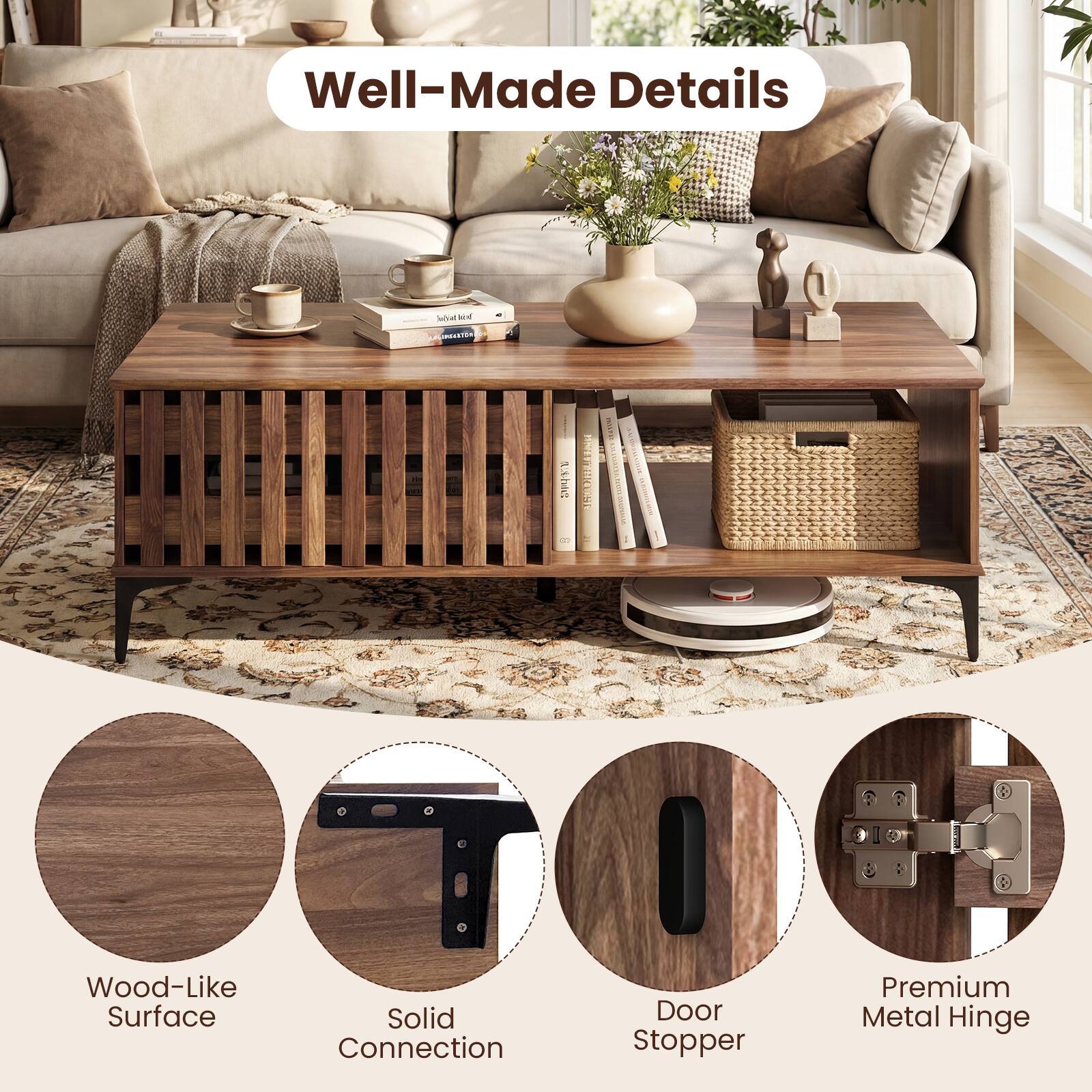 Well-Made Details

- Wood-Like Surface
- Solid Connection
- Door Stopper
- Premium Metal Hinge