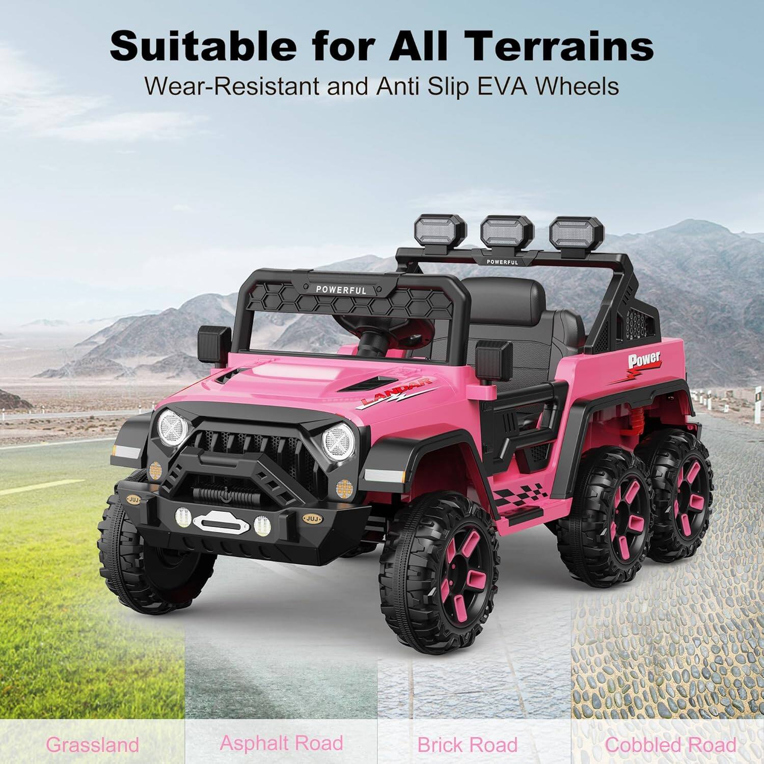 Suitable for All Terrains  
Wear-Resistant and Anti Slip EVA Wheels  

Grassland  
Asphalt Road  
Brick Road  
Cobbled Road