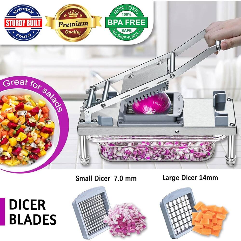 KITCHEN STURDY BUILT TOOLS  
Premium Quality  
NON-TOXIC 100% BPA FREE  
NO BISPHENOL A  

Great for salads  

Small Dicer 7.0 mm  
Large Dicer 14mm  

DICER BLADES