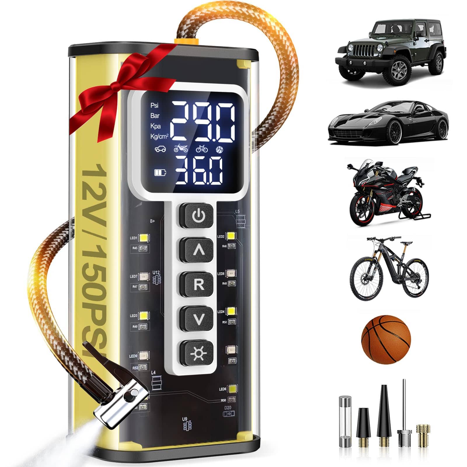 JETRANSPORT - Tire Inflator Portable Air Compressor 150 Psi For Car Tires With Gauge Pump Cars Bike Ball - Default