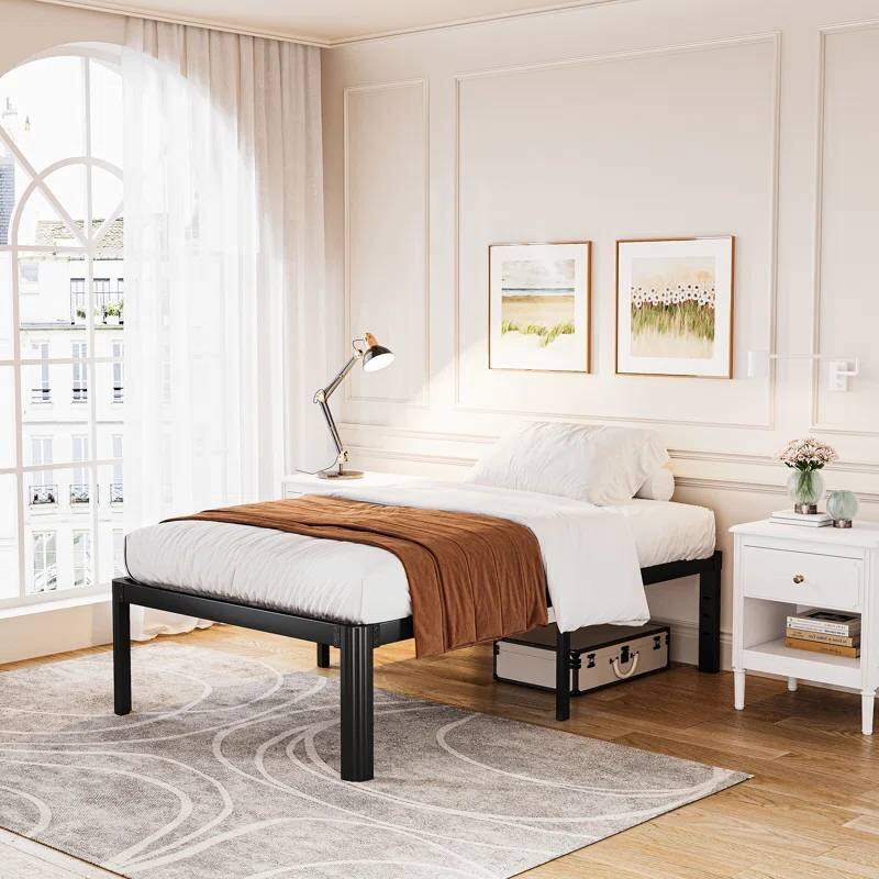 Left. Hivvago - Twin XL Heavy Duty Metal Bed Frame Platform with Round Edge Legs - Black.