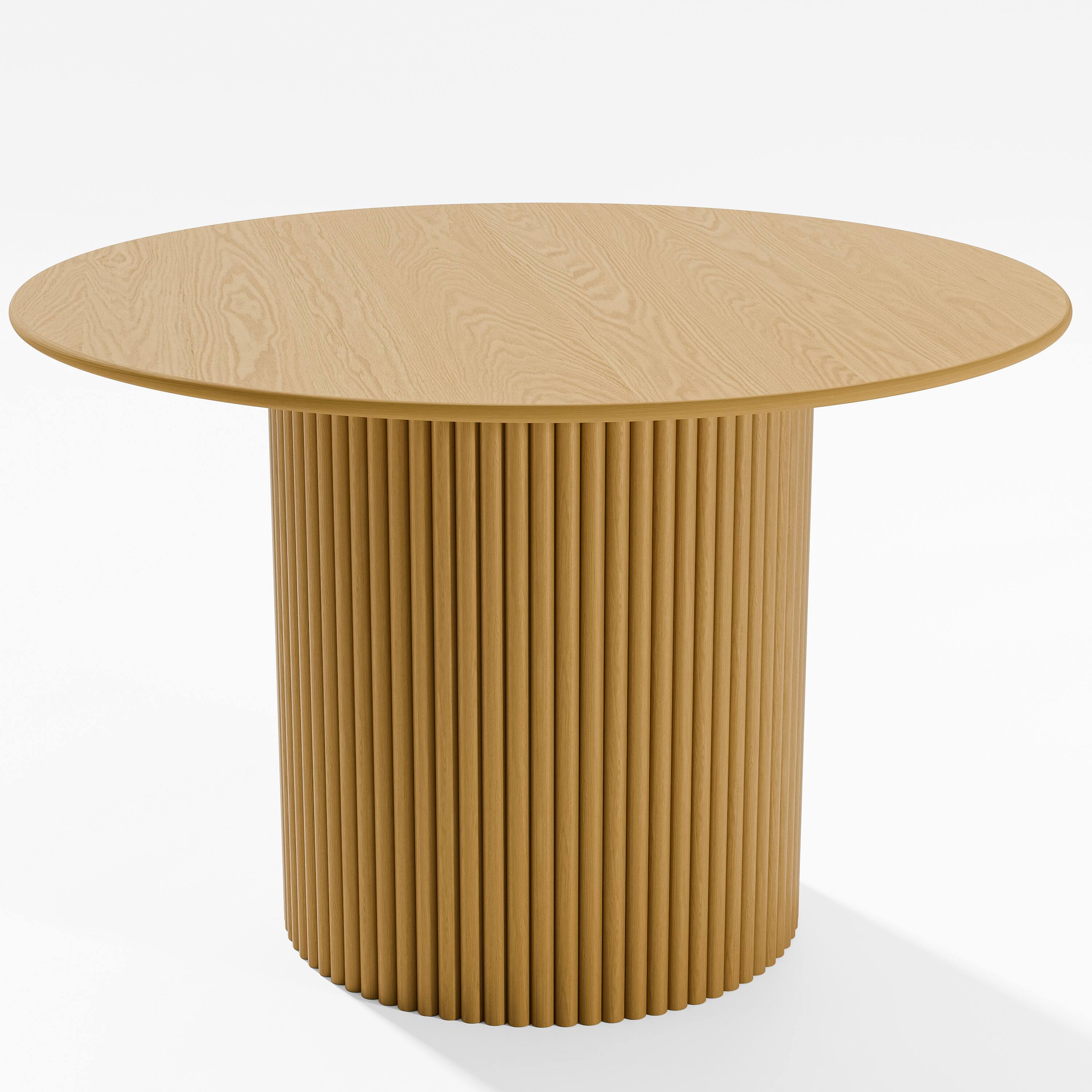 Angle. PexFix - Minimalist Farmhouse Curved Edge Round Solid Oak 46 in. W Slim-Stripe Base Kitchen & Dining Table Seats 4 - Natural.