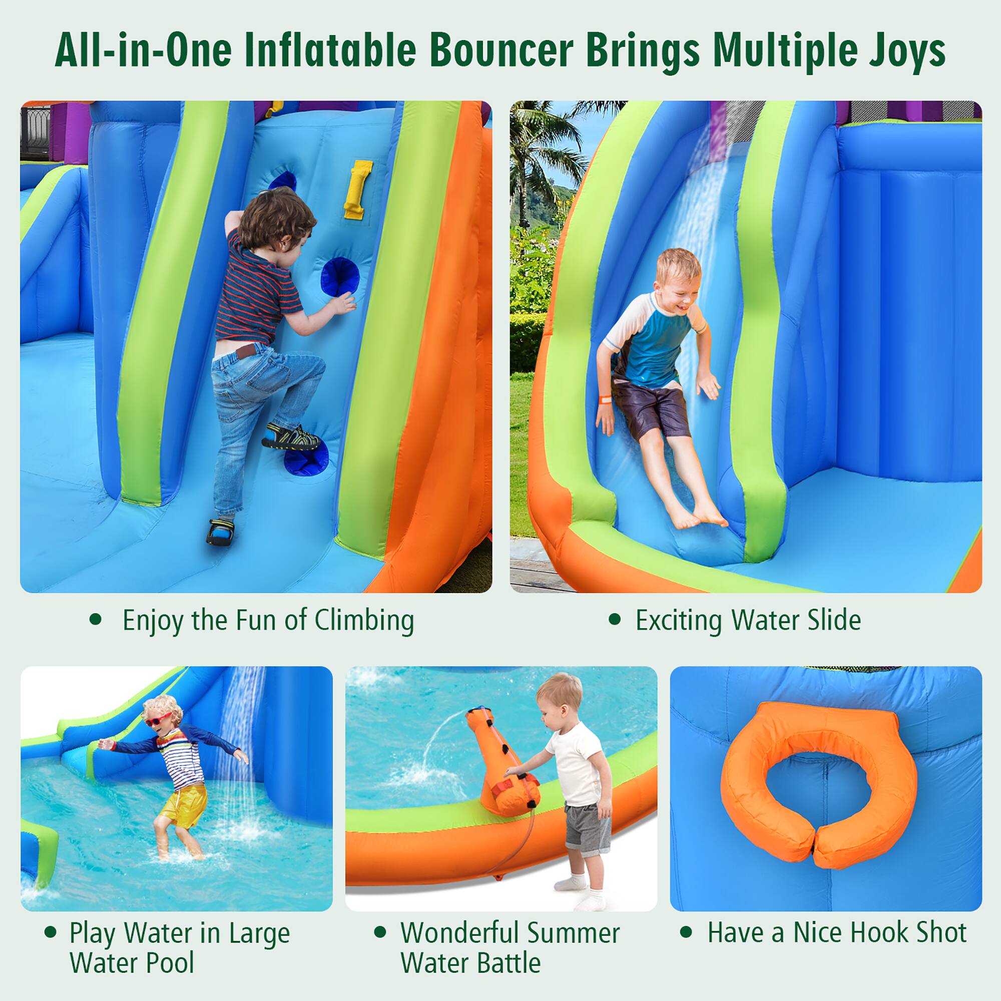 All-in-One Inflatable Bouncer Brings Multiple Joys: Enjoy the Fun of Climbing, Exciting Water Slide, Play Water in Large Water Pool, Wonderful Summer Water Battle, Have a Nice Hook Shot.