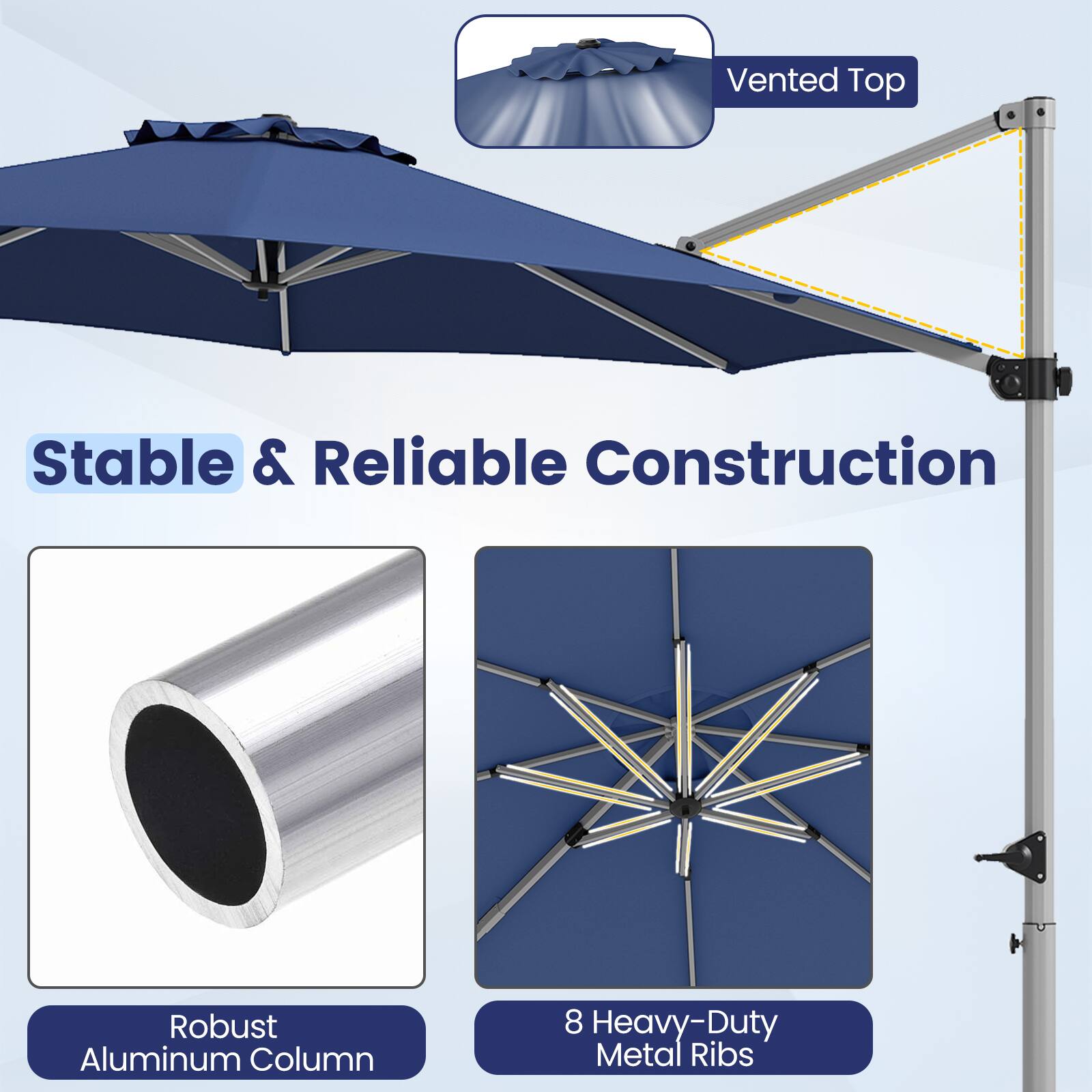 Vented Top

Stable & Reliable Construction

Robust Aluminum Column

8 Heavy-Duty Metal Ribs