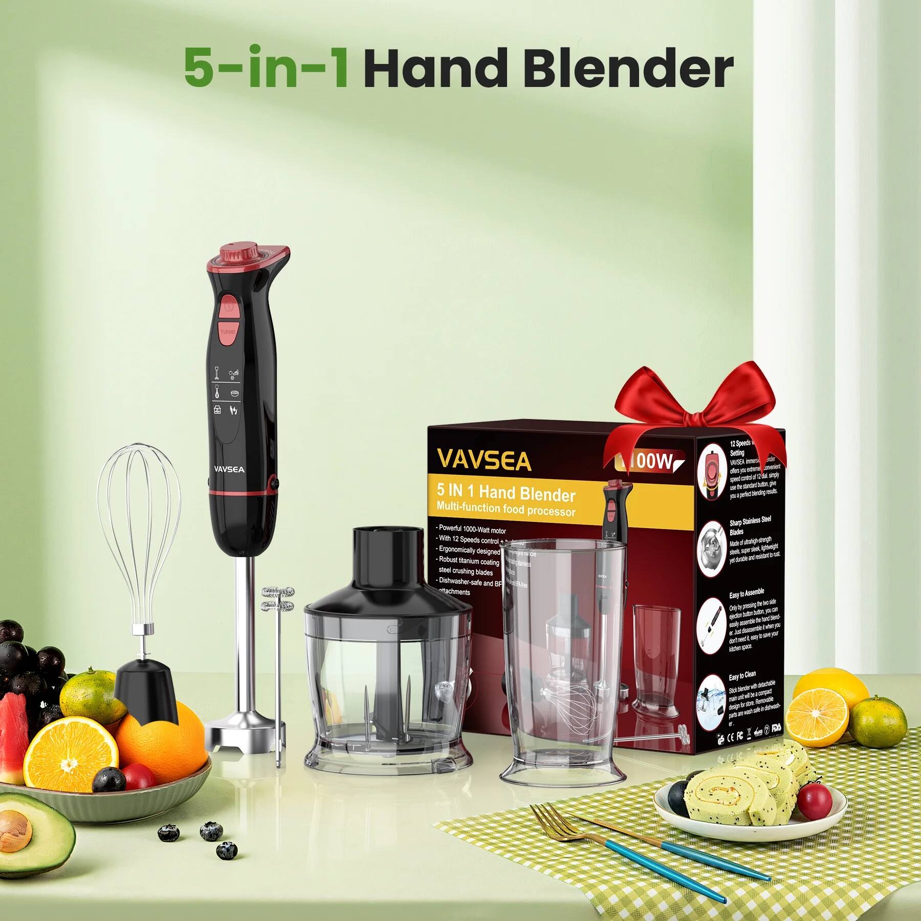 5-in-1 Hand Blender

VAVSEA 5 IN 1 Hand Blender Multi-function food processor

Power: 1000W

1 Speeds

Ergonomically designed

Multi-function: Blending, Whipping, Crushing, Mixing, Grinding

Attachments: 00W E

100W

Easy to Assemble

Easy to Clean

Made of food-safe materials

1 Year Warranty