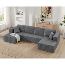 LUCKY ONE - U-Shape Modular Sectional Sofa Compressed Corduroy Sleeper Couch No Assembly - Gray