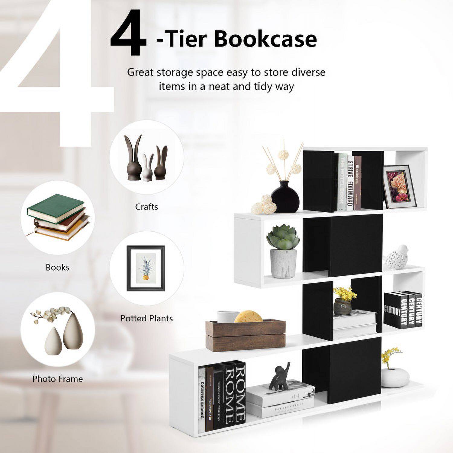 4-Tier Bookcase

Great storage space easy to store diverse items in a neat and tidy way

- Crafts
- Books
- Potted Plants
- Photo Frame

CENTURY  
COENTHY  
ITRON  
ROME  
ROME