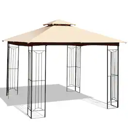 Pefilos - 10 x 10 Feet L-Shaped Patio Canopy Gazebo Outdoor 2-Tier Steel Tent- Party Tent for Outside Party Waterproof Tent - Beige