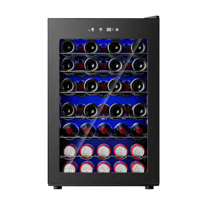 Front. SIMZLIFE - 45 Bottle Wine Cooler Refrigerator,Built-in Wine Fridge with Stainless Steel Glass Door,Ideal for Home, Kitchen & Office - Black.
