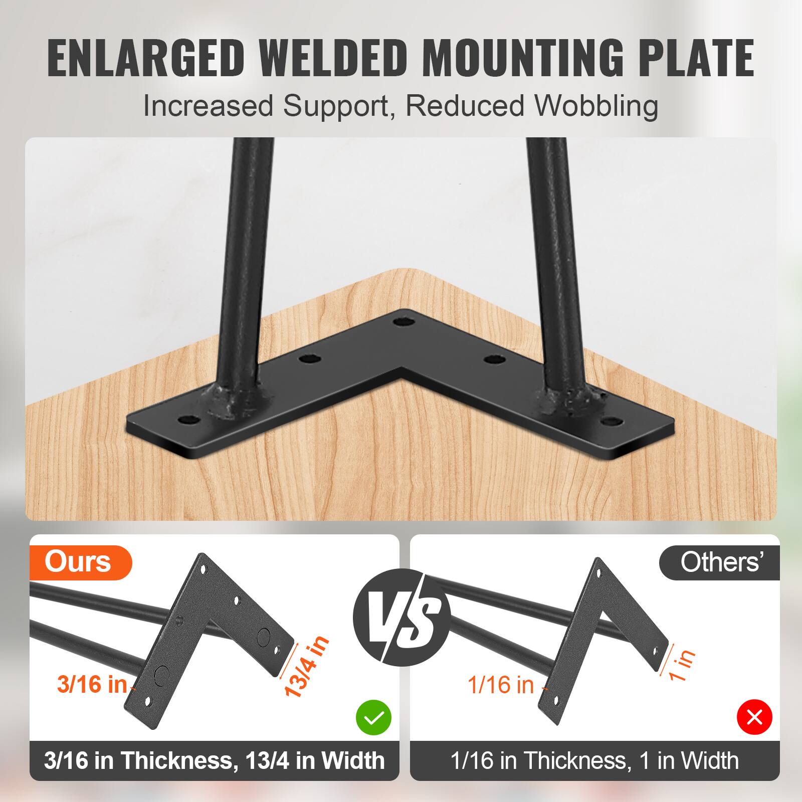 ENLARGED WELDED MOUNTING PLATE Increased Support, Reduced Wobbling Ours 3/16 in Thickness, 13/4 in Width VS Others' 1/16 in Thickness, 1 in Width