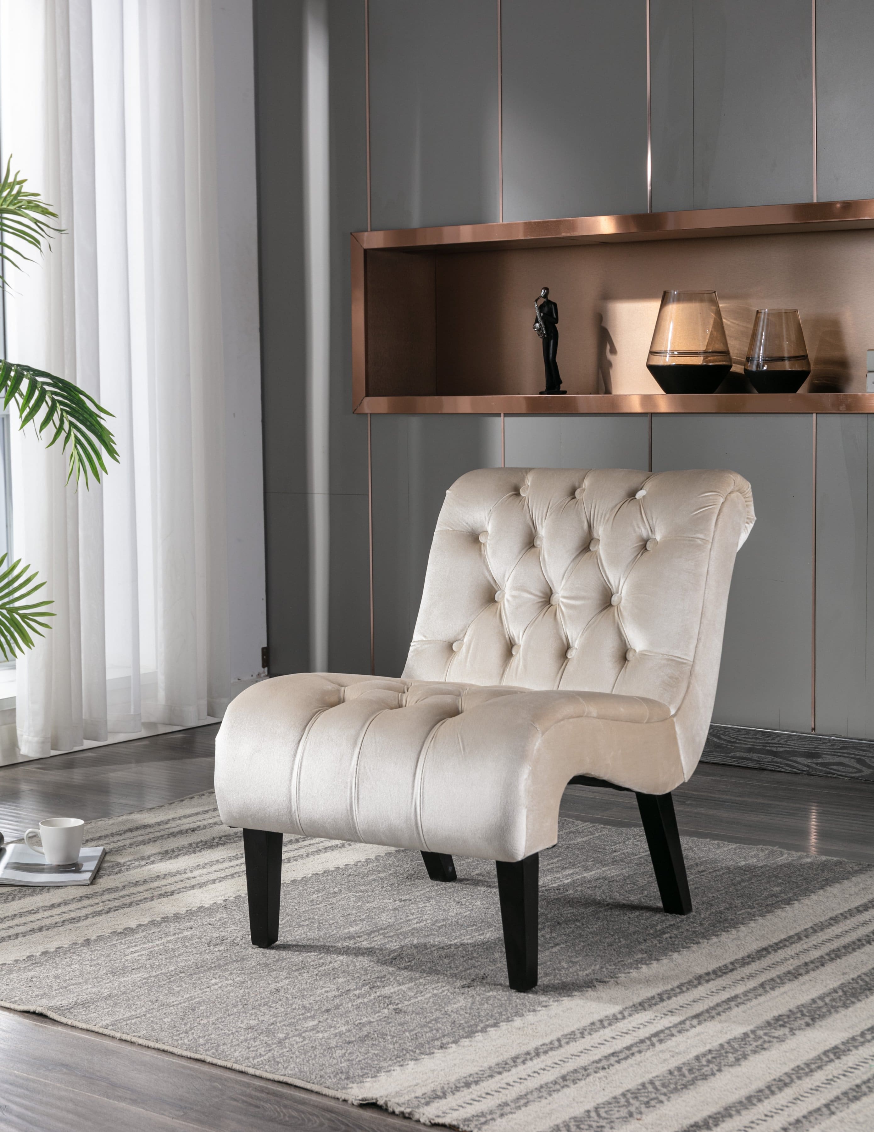 Trinkets Crazed - Velvet Accent Lounge Chair for Living Room, Modern Leisure Chair with Tufted Backrest, Indoor Armless Side Chair - Beige