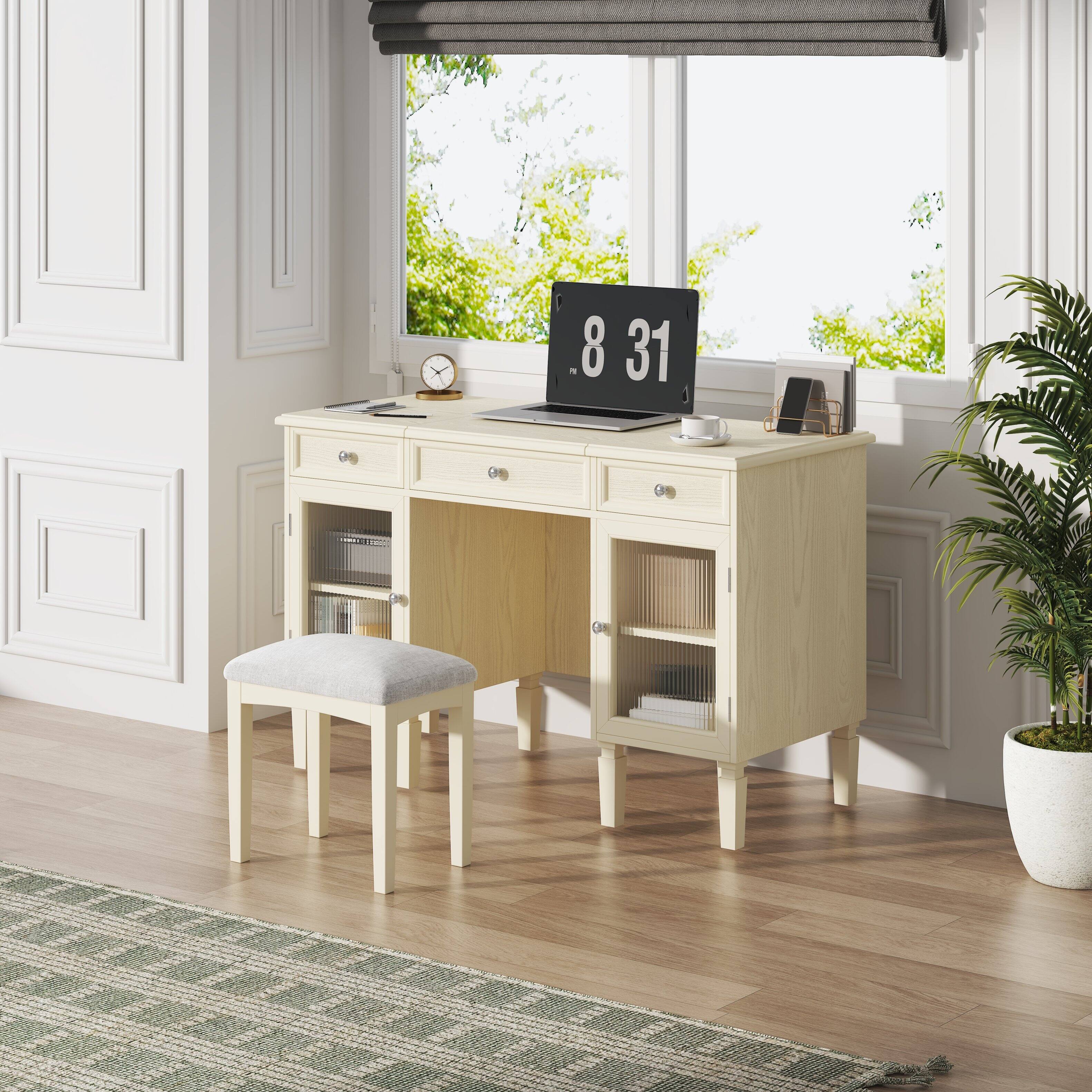 Alt View 1. Ecooso - 2-in-1 Vanity Desk with Flip-Top Mirror, Drawer and Cabinet, Multi-Functional for Study and Living - White Oak.