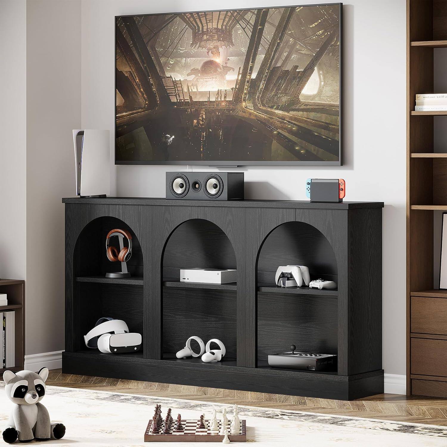 Angle. Tribesigns - Farmhouse TV Stand with Engineered Wood Construction, Storage Shelves and Rectangular Top for Living Room - Black.