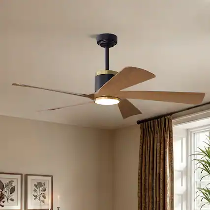Front. Siljoy - 52" Modern Indoor Ceiling Fan with LED Light, 5 Reversible Blades, 6-Speed DC Motor, Remote Control and Timer Function - Natural Oak.