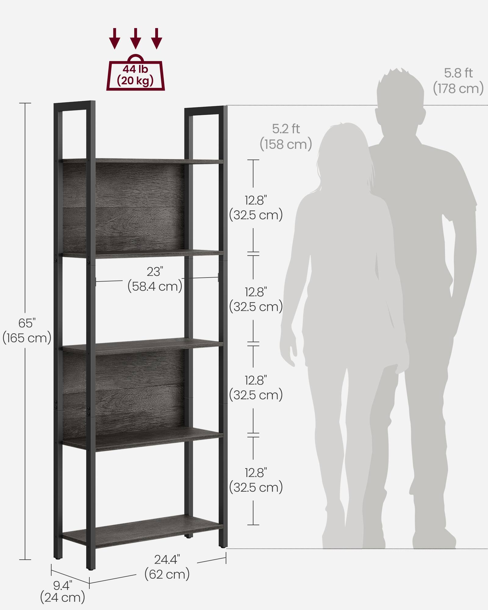 44 lb (20 kg)  
5.8 ft (178 cm)  
5.2 ft (158 cm)  
12.8" (32.5 cm)  
65" (165 cm)  
23" (58.4 cm)  
12.8" (32.5 cm)  
12.8" (32.5 cm)  
12.8" (32.5 cm)  
9.4" (24 cm)  
24.4" (62 cm)