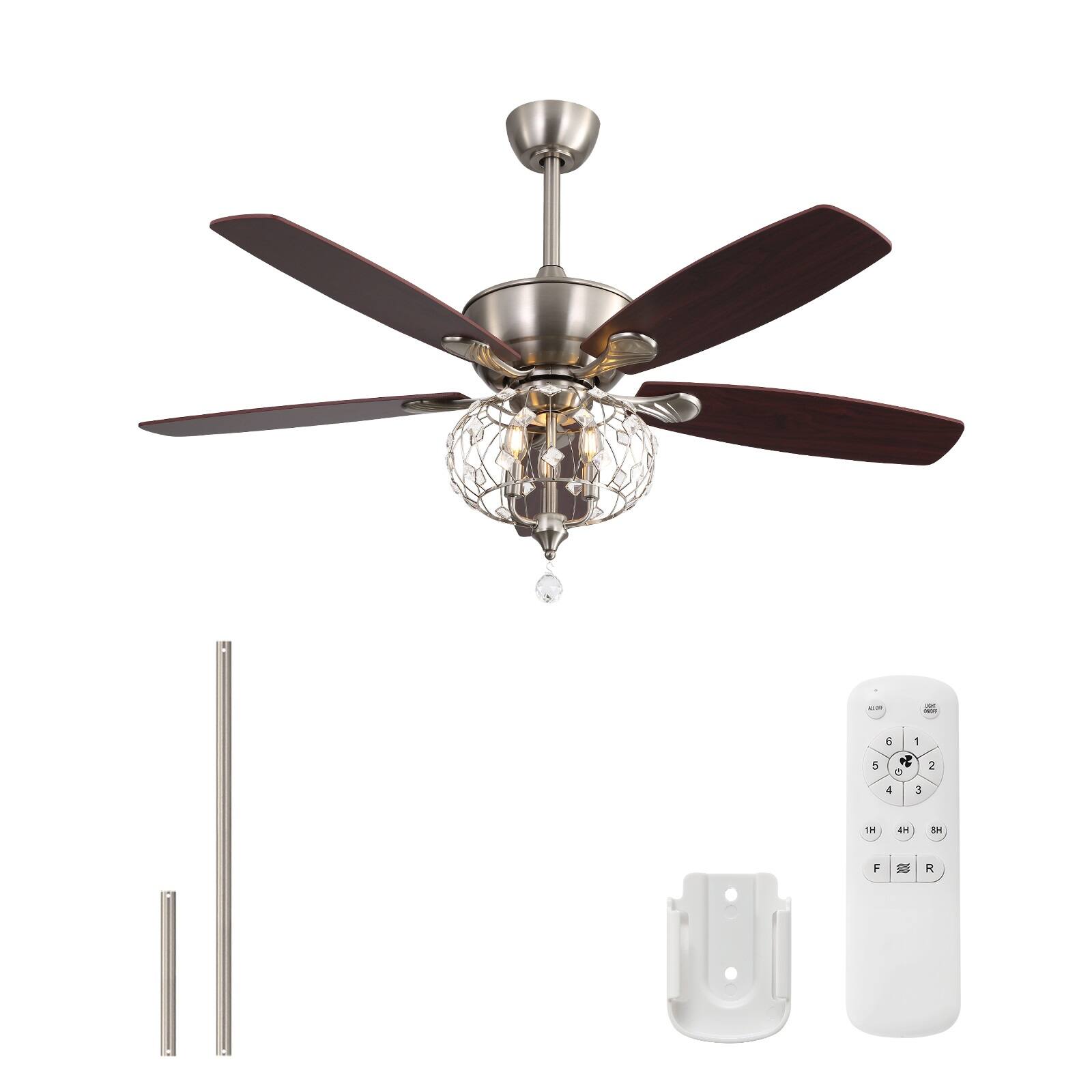 Front. Sofucor - 52 Inch Nickel Ceiling Fans with Lights and Remote Modern Crystal Chandelier for Bedroom Living Room Reversible 5 Blades - Nickel.