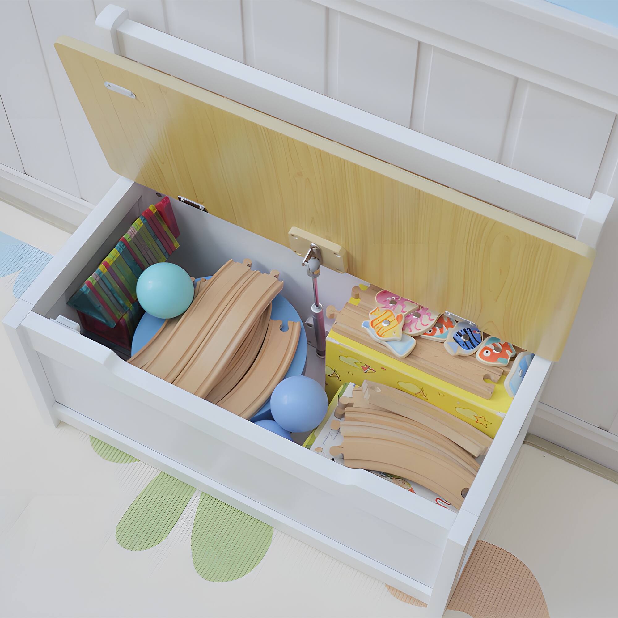 Alt View 6. Qaba - Kids Wooden Toy Organizer Chest Storage Box with Seat Bench Cabinet Chunk Cube with Safety Pneumatic Rod - White.