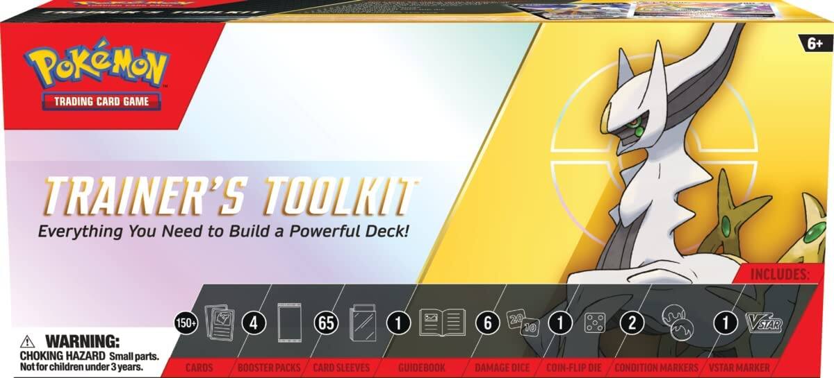 **Pokémon Trading Card Game**

**Trainer's Toolkit**  
Everything You Need to Build a Powerful Deck!

**Includes:**
- 150+ Cards
- 4 Booster Packs
- 65 Card Sleeves
- 1 Guidebook
- 6 Damage Dice
- 1 Coin-Flip Die
- 2 Condition Markers
- 1 VSTAR Marker

**Warning:**  
Choking Hazard - Small parts. Not for children under 3 years.

**Age:** 6+