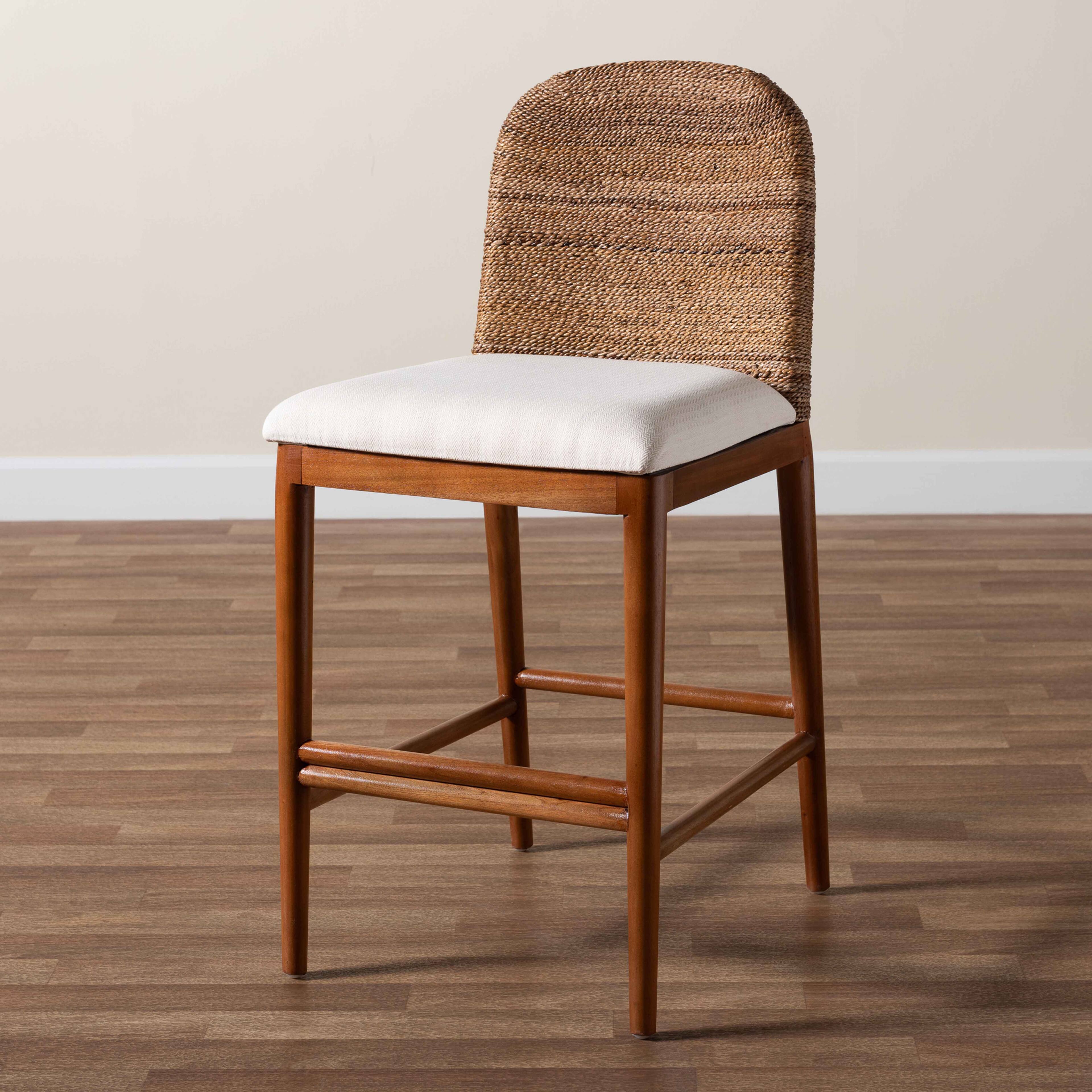 Alt View 5. bali & pari - Nadim Modern Bohemian Seagrass and Acacia Wood Counter Stool - White/Natural Brown/Natural Seagrass.