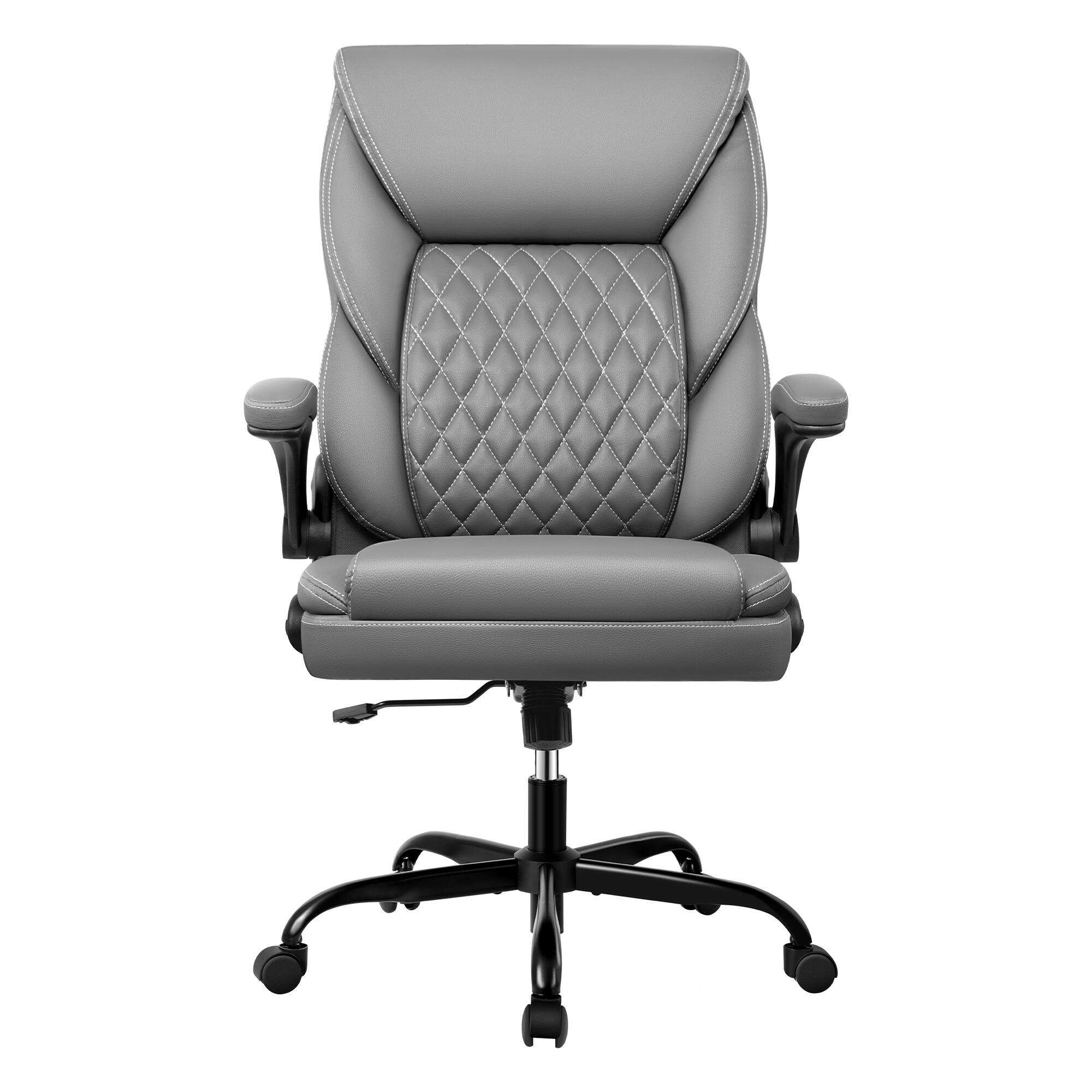 Angle. Brick Attic - Ergonomic Leather Office Chair with Adjustable Flip-Up Arms,Lumbar Support,Swivel & Rocking, Home Desk Chair - Grey.