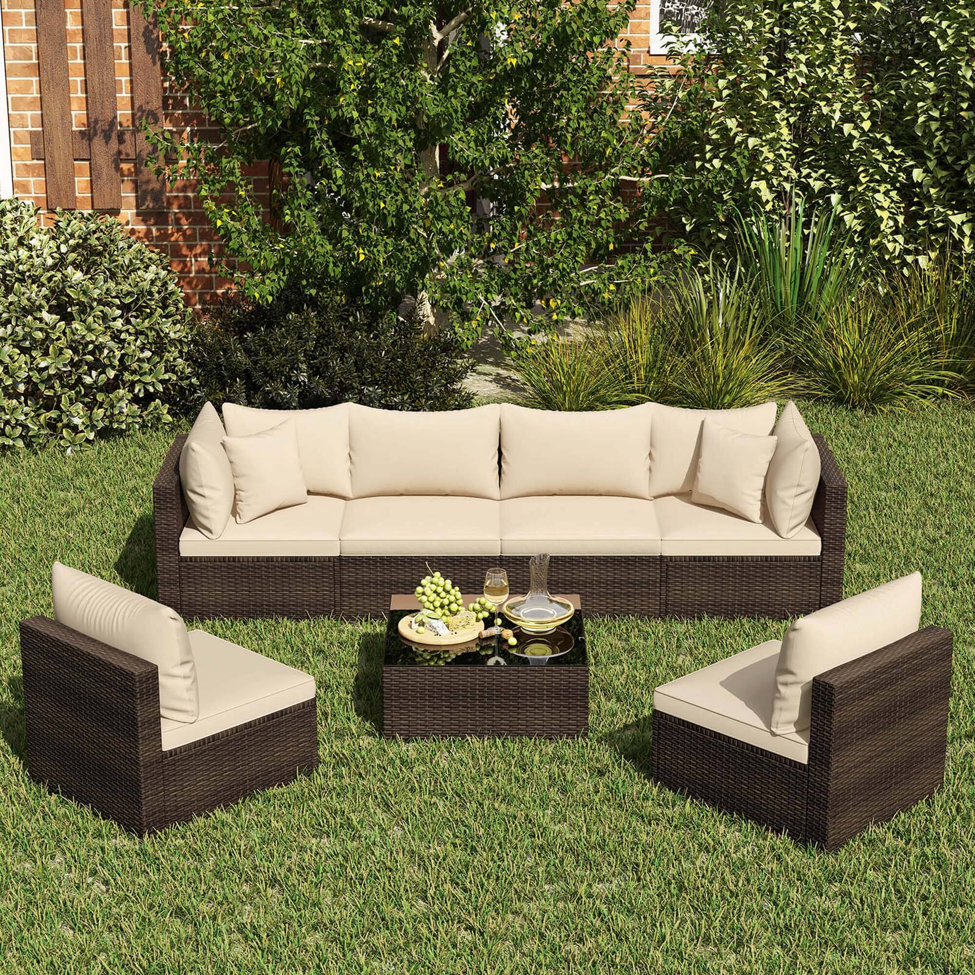 Alt View 4. Costway - 7 PCS Patio Rattan Furniture Set Sectional Sofa Cushioned Garden - Brown,Mix Gray.