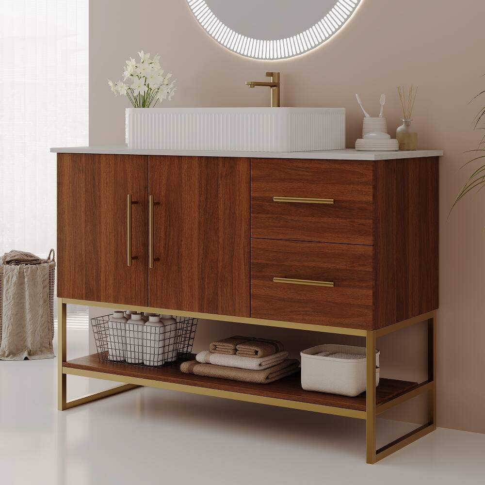 Alt View 1. Loheer - Loheer 36 inch modern bathroom vanity with ceramic vessel sink, gold accent freestanding cabinet, walnut - Walnut, Gold, White.