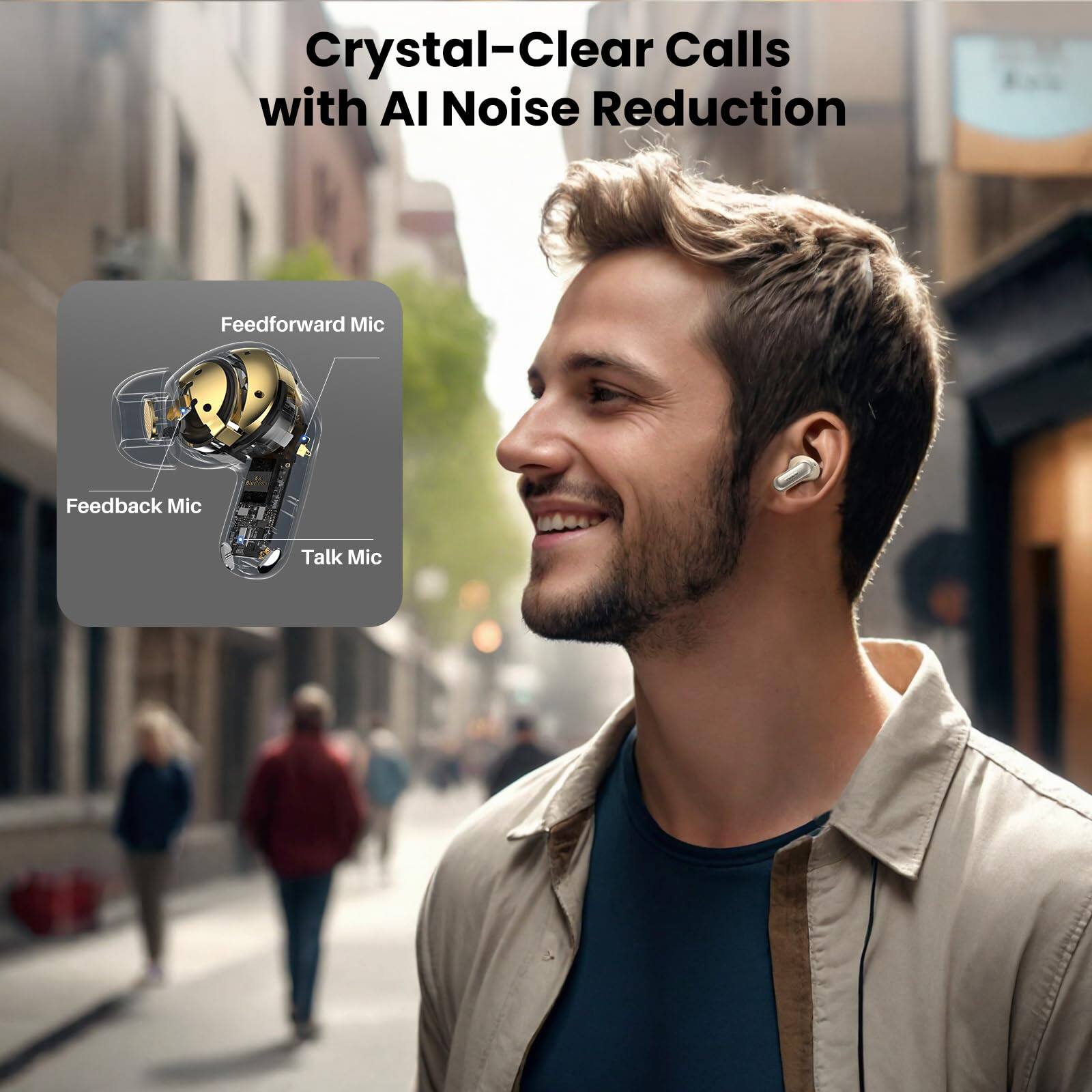 Crystal-Clear Calls with AI Noise Reduction  
Feedforward Mic  
Feedback Mic  
Talk Mic