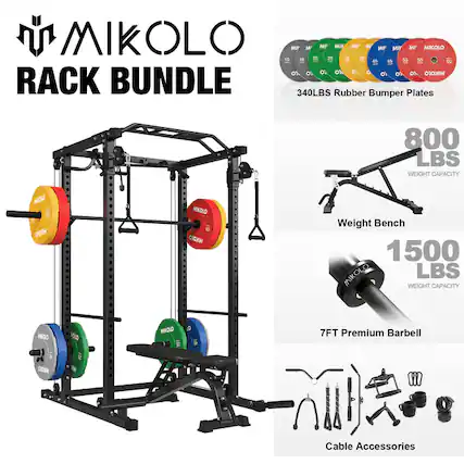 MIKOLO RACK BUNDLE 340LBS Rubber Bumper Plates 800 LBS WEIGHT CAPACITY MIKOLO Weight Bench 1500 LBS WEIGHT CAPACITY MIKOLO 7FT Premium Barbell Cable Accessories