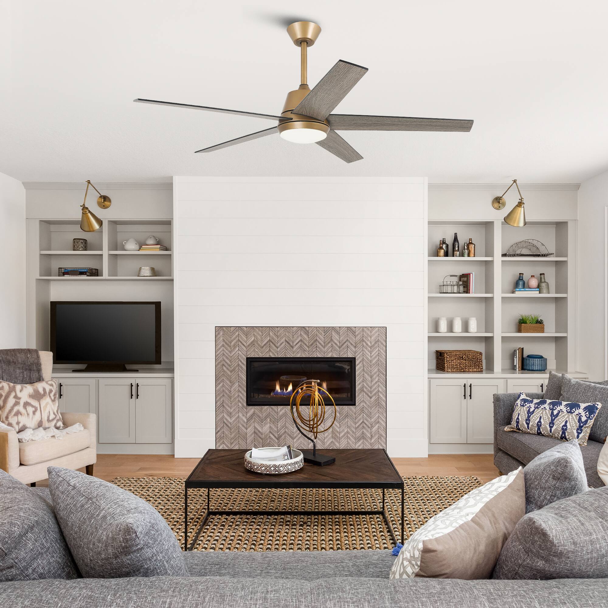 Alt View 1. Vaczon - 52" Transition Dimmable LED Smart Ceiling Fan with Light and App, Remote and Reversible Blades - Gold.