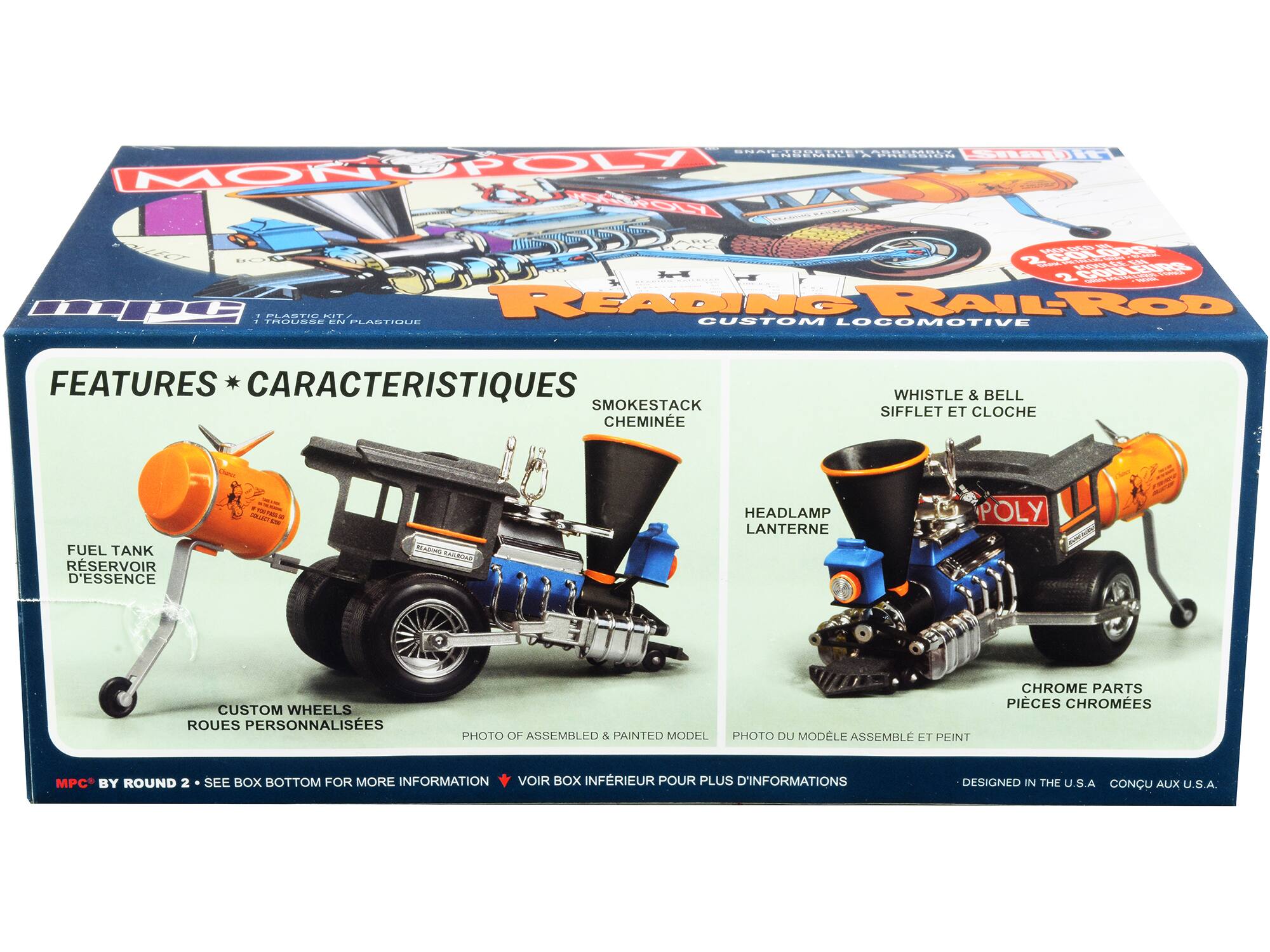 HeN . .. I edd PRROTO SaUIG MON MONUPOLY RGWY - FC M V Bol 2 V COMEURS  IB . PLASTIL .. READING FAILROD . TROUSSE ~D PLASTIQUIE OUSTOM LOCOMOTIVE FEATURES CARACTERISTIQUES SMOKESTACK CHEMINE WHISTLE & BELL SIFFLET ET CLOCHE FUEL TANK RSERVOIR D'ESSENCE  - - TANS MISBUA HEADLAMP LANTERNE POLY CUSTOM WHEELS ROUES PERSONNALISES PHOTO OF ASSEMBLED & PAINTED MODEL PHOTO DU MODELE ASSEMBLE ET PEINT CHROME PARTS PICES CHROMES MPC BY ROUND 2 SEE BOX BOTTOM FOR MORE INFORMATION VOIR BOX INFRIEUR POUR PLUS D'INFORMATIONS DESIGNED IN THE U.S.A A CONCU AUX U.S.A.