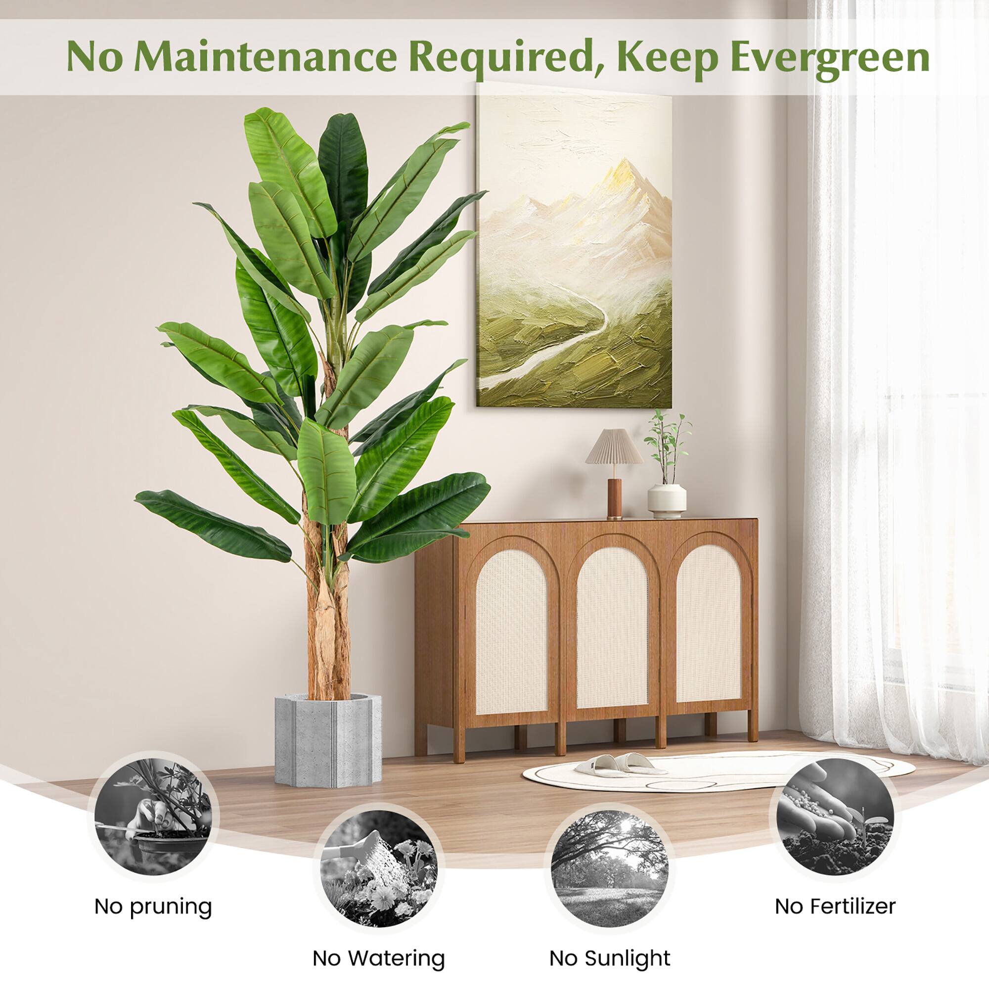 No Maintenance Required, Keep Evergreen

- No pruning
- No Watering
- No Sunlight
- No Fertilizer