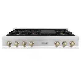 ZLINE - Autograph Edition 48 in. Slide-In Legacy Gas Rangetop with 7 Burners and Porcelain Cooktop with Polished Gold Accents - Stainless Steel