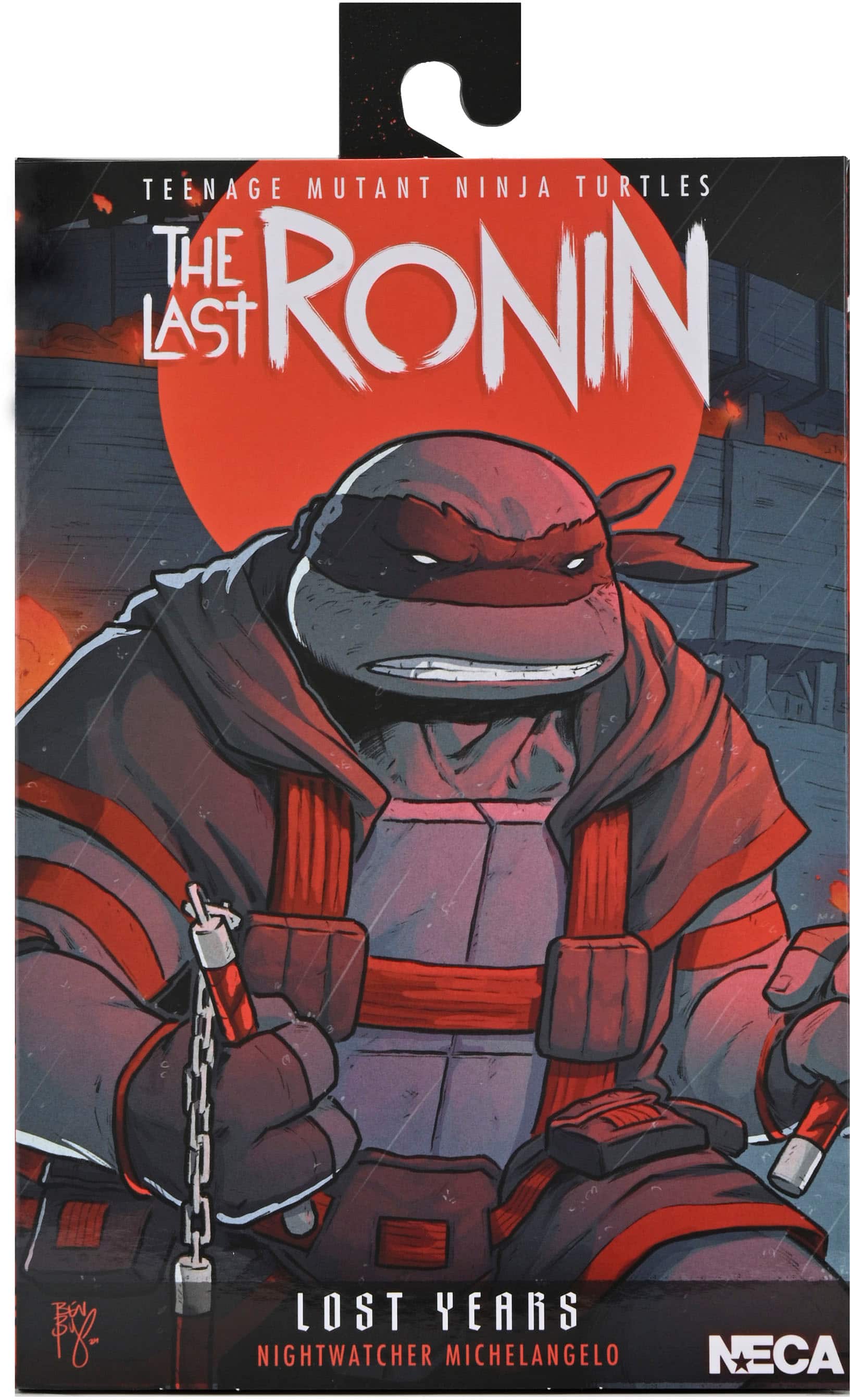The Last Ronin: Lost Years is a comic book featuring the Teenage Mutant Ninja Turtles. The cover features a character named Nightwatcher, who is a mutant turtle, and Michelangelo, another turtle character. The comic is produced by NECA.