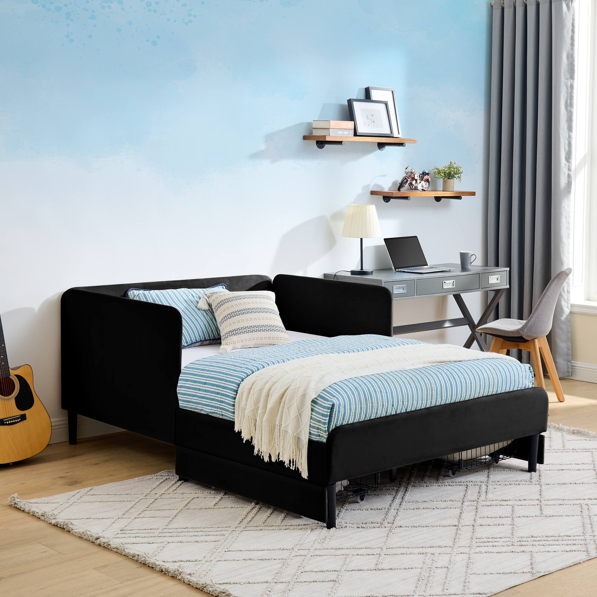 Alt View 3. Ecooso - Full Size Upholstered Platform Bed Frame with 2 Storage Drawers, Adjustable Velvet Sofa Bed - Black.
