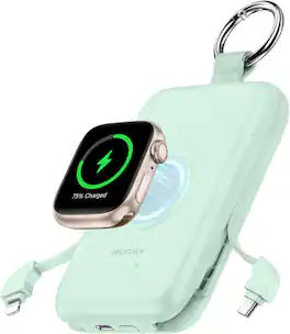 RORRY - CharmGo 10000mAh Portable Charger, 20W Power Bank with Built-in Cables, Keychain Design, for iPhone & Apple Watch - Green