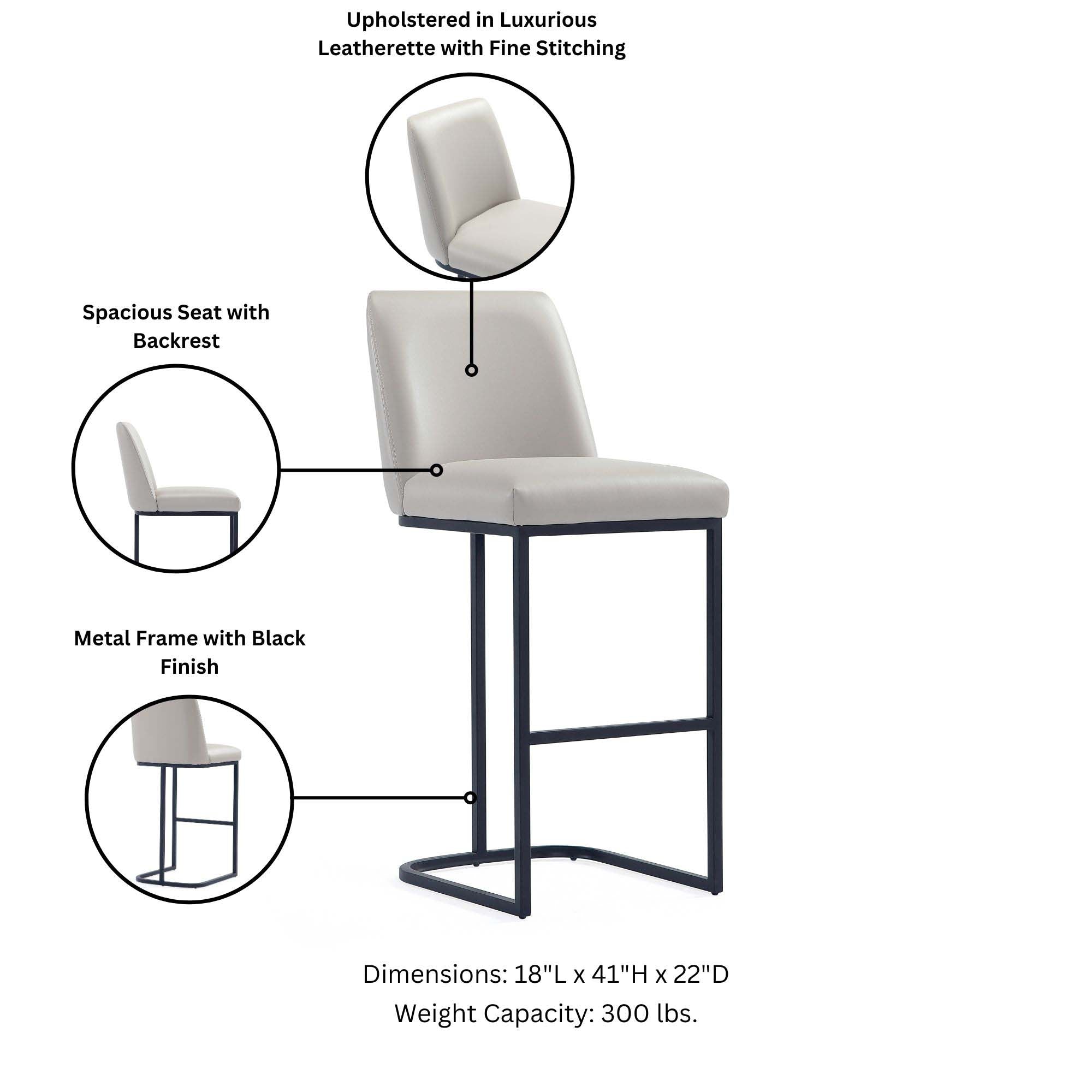 Upholstered in Luxurious Leatherette with Fine Stitching  
Spacious Seat with Backrest  
Metal Frame with Black Finish  
Dimensions: 18"L x 41"H x 22"D  
Weight Capacity: 300 lbs.