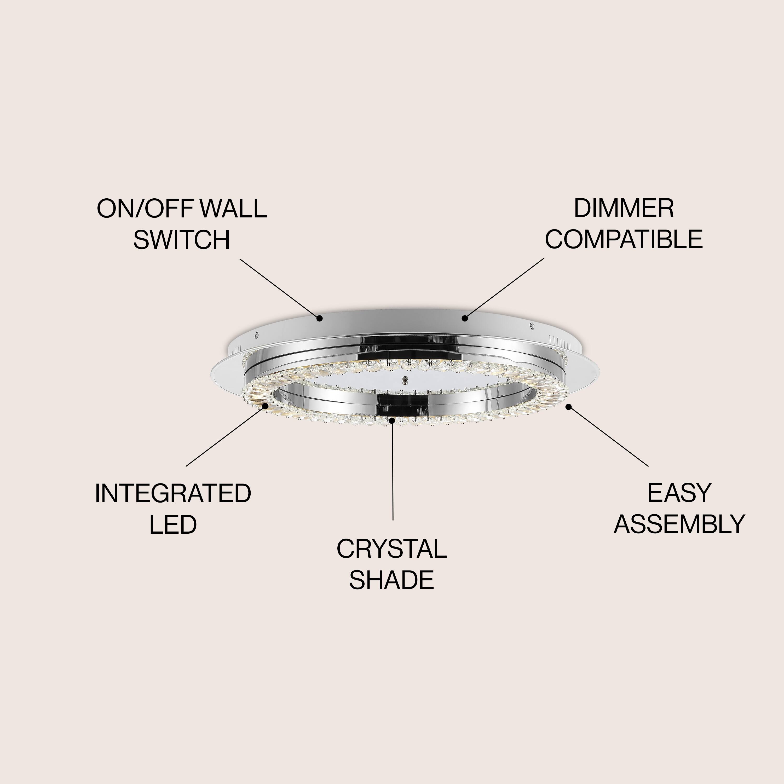 - ON/OFF WALL SWITCH
- DIMMER COMPATIBLE
- INTEGRATED LED
- CRYSTAL SHADE
- EASY ASSEMBLY