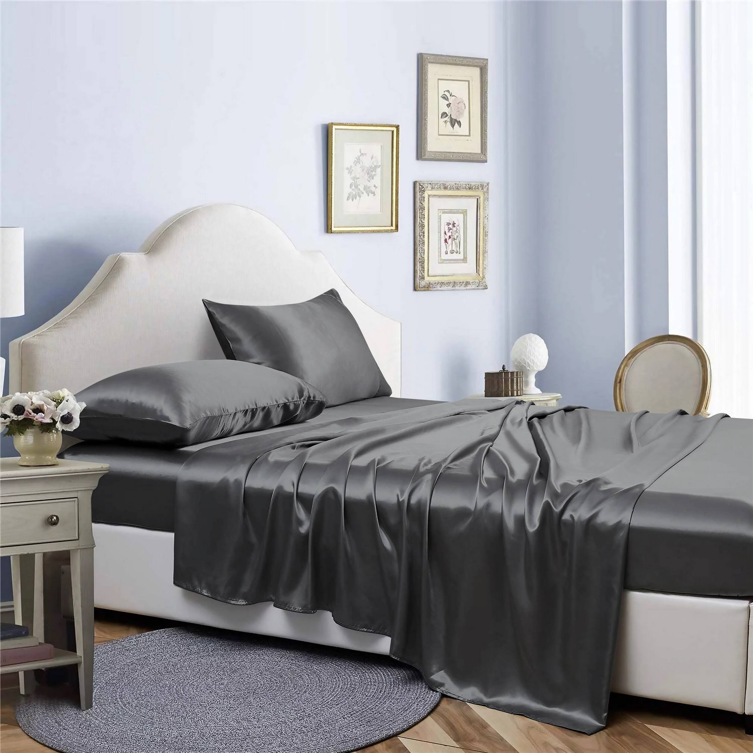 Front. Bibb Home - Bibb Home Silky Satin 4 Piece sheet set - Dark Grey.
