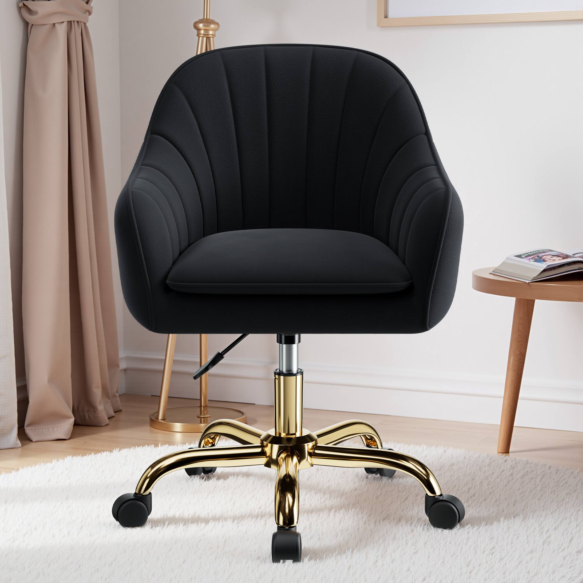 Angle. Brick Attic - Vanity Chair with Wheels, Ergonomic Home Office Desk Chairs，Adjustable Velvet Swivel Makeup Stool for Living Room - Black.
