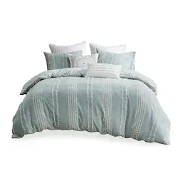 Gracie Mills - Trujillo 3-Piece Embroidered Stripes Cotton Jacquard Comforter Set - Aqua