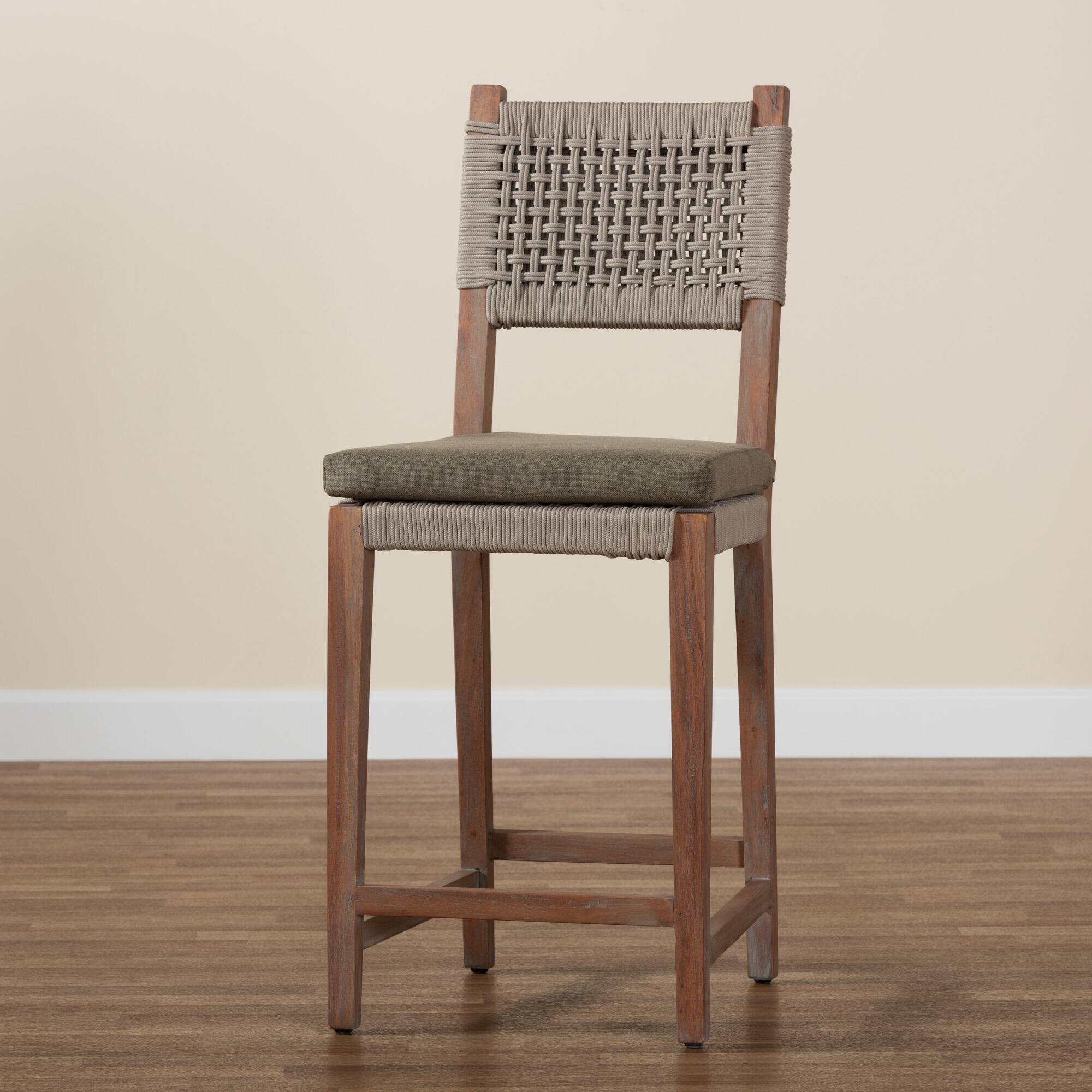 Alt View 5. bali & pari - Heyna Mid-Century Transitional Woven Rope Mahogany Counter Stool - Grey/Natural Brown.