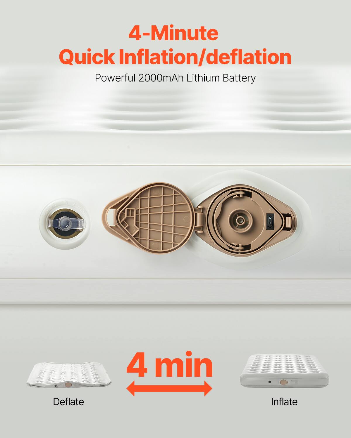 4-Minute Quick Inflation/deflation  
Powerful 2000mAh Lithium Battery  

4 min  
Deflate  
Inflate