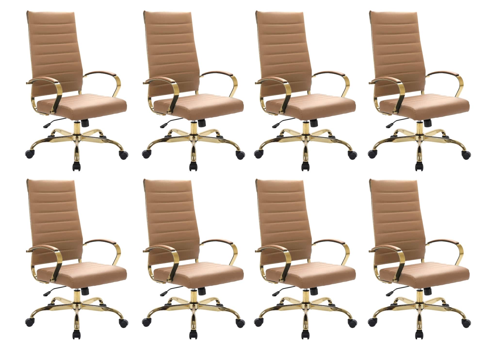 LeisureMod - Set of 8 Benmar Modern Contemporary High-Back Leather Executive Office Chair with Ribbed Design and Padded Armrests - Light Brown