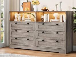 Acekool - Dresser Chests of Drawers, Wooden 6 Drawer Dresser for Bedroom with Led Light, 55" Wide Wood Dresser - Gray