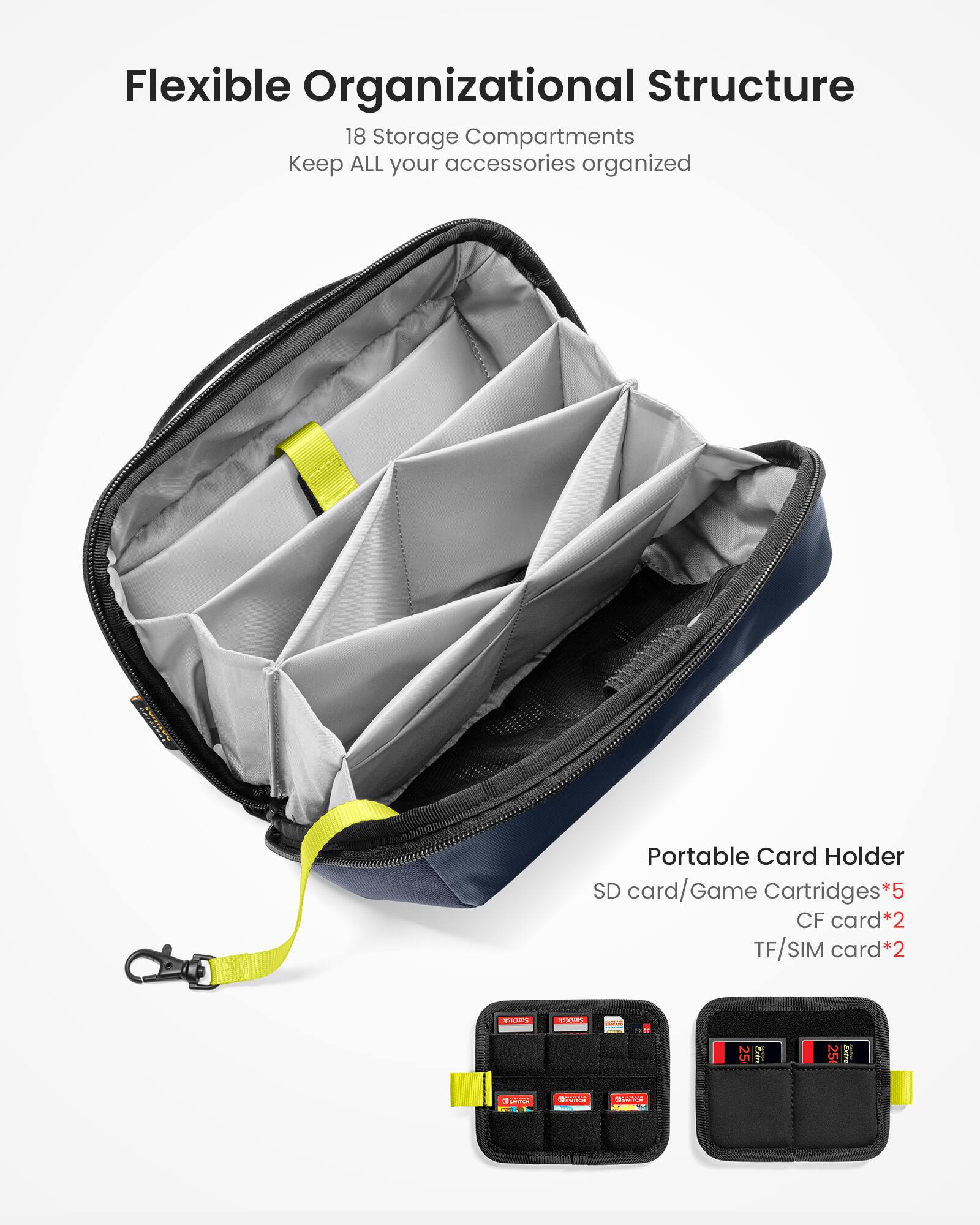 Flexible Organizational Structure: 18 Storage Compartments to Keep ALL your Accessories Organized. Portable Card Holder for SD Card/Game Cartridges*5, CF Card*2, TF/SIM Card*2, DI/DOO*2.