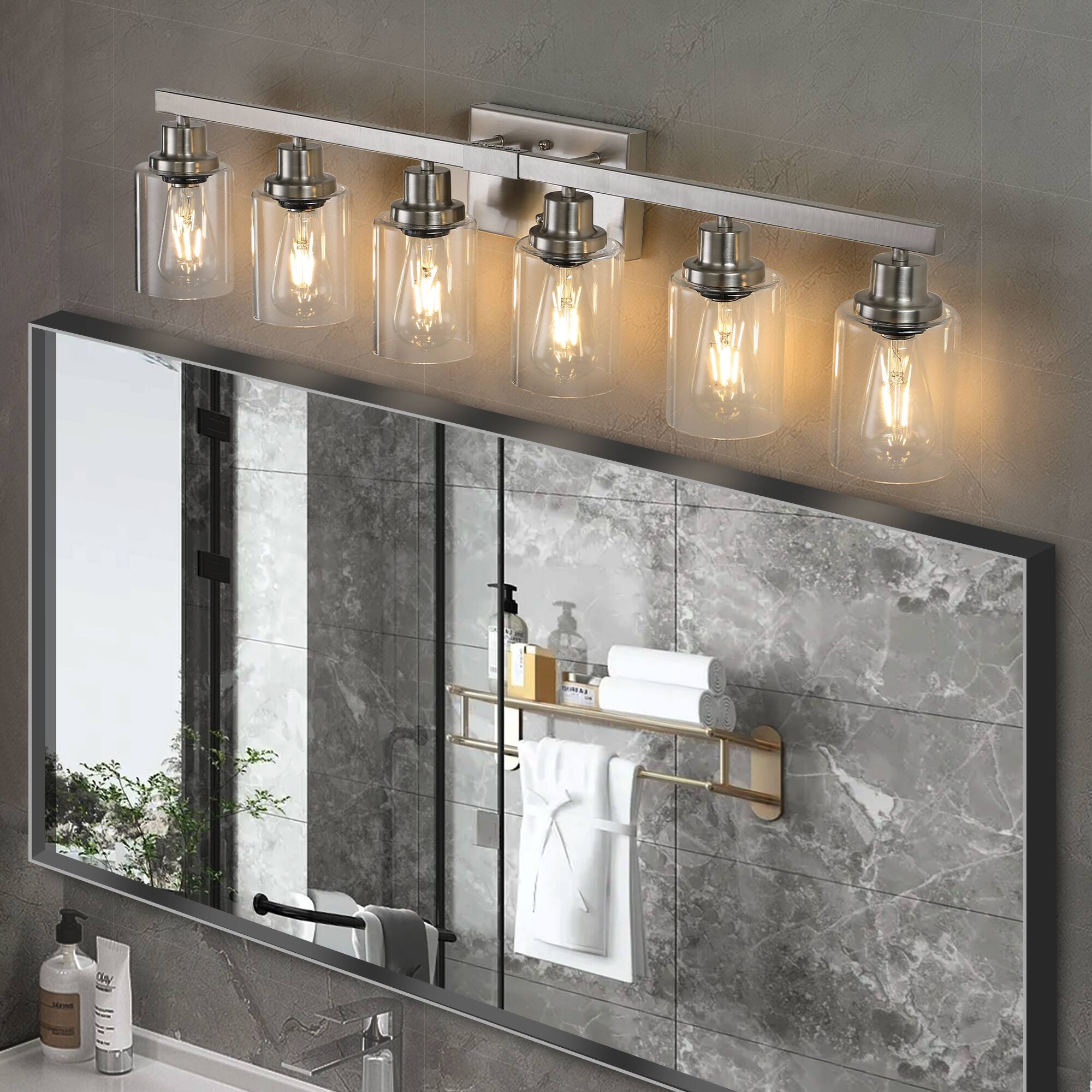 Left. APRILSOUL - 37 Inch Modern 6-Light Bathroom Vanity Light Fixture - Brushed Nickel Finish with Clear Glass Shades No Bulbs.