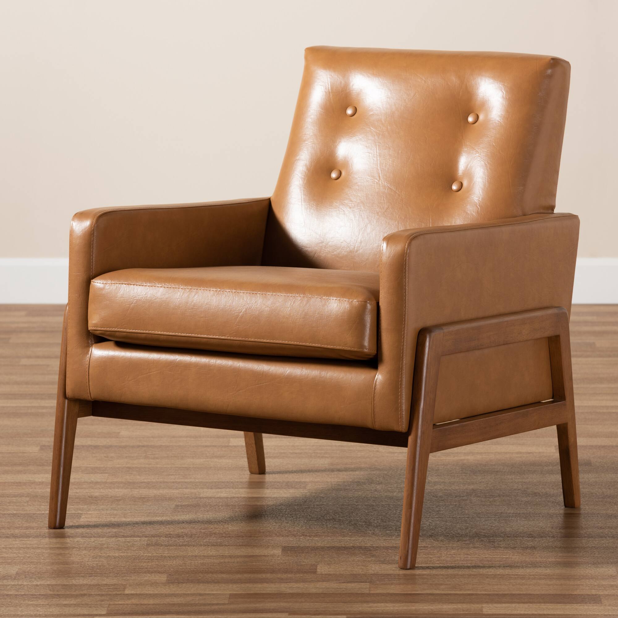 Alt View 4. Baxton Studio - Perris Mid-Century Modern Tan Faux Leather Upholstered and Walnut Finished Wood Lounge Chair - Tan/walnut brown.