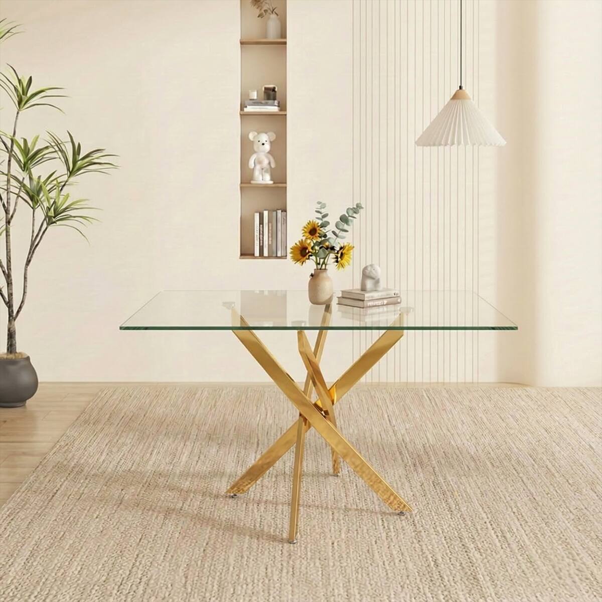 Alt View 7. Loheer - Loheer Rectangular Glass Dining Table with Gold Legs, 47 Inch Tempered Glass Table - Gold.